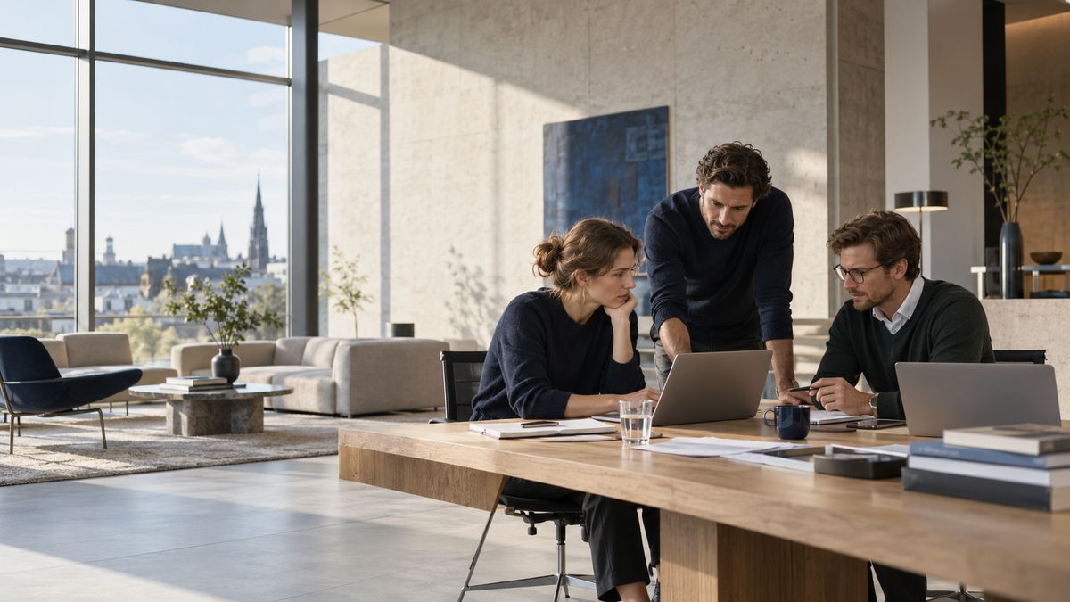 Drei Personen arbeiten gemeinsam an Laptops an einem Holztisch in einem hellen Büro mit Blick über eine Stadt.