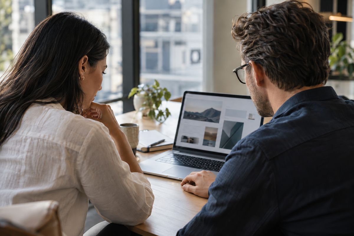 Zwei Personen betrachten gemeinsam einen Website-Entwurf auf einem Laptop.
