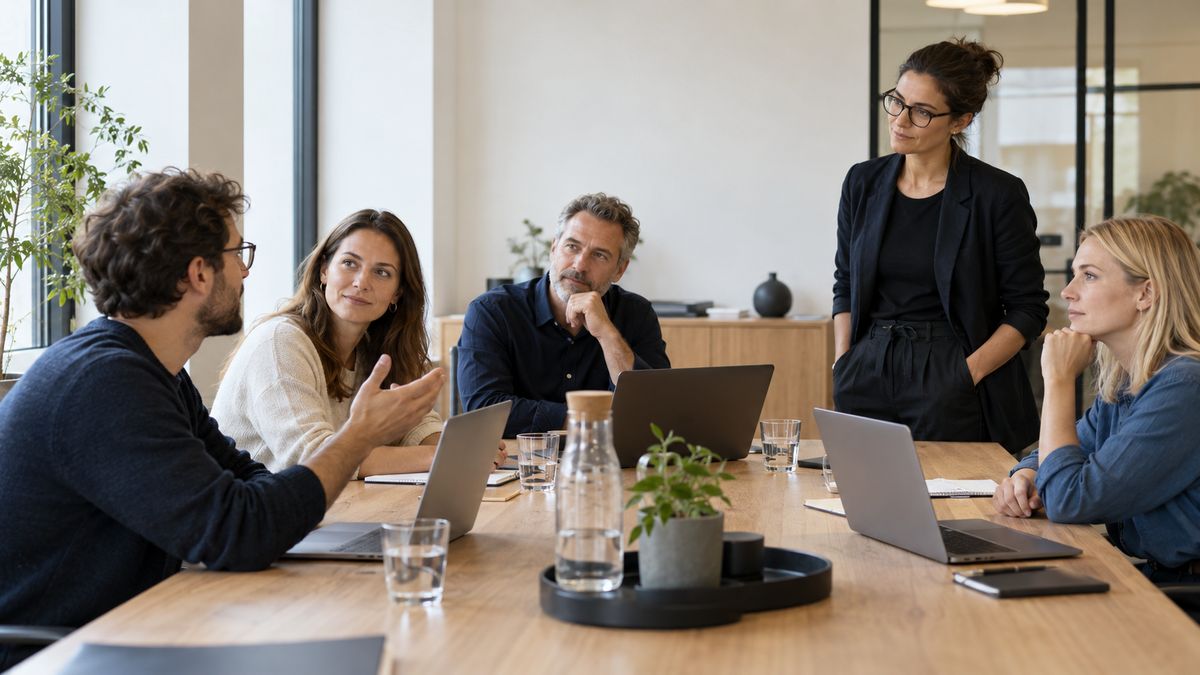 Eine Gruppe von fünf Personen sitzt und steht im Gespräch an einem langen Holztisch mit Laptops.